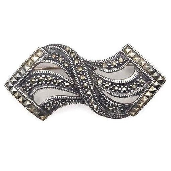 Vintage‎ Judith Jack Sterling Silver Marcasite Ribbon Bow Brooch Pin 925 12.88g